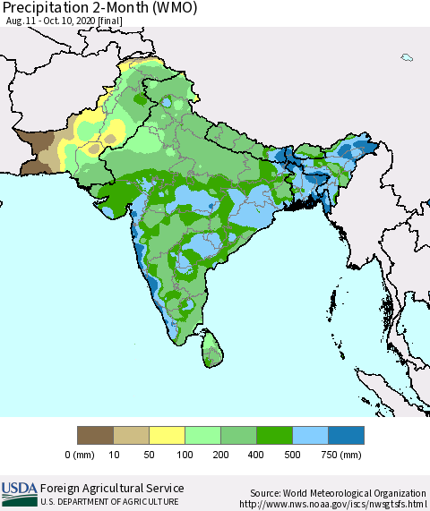 Southern Asia Precipitation 2-Month (WMO) Thematic Map For 8/11/2020 - 10/10/2020