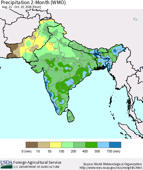 Southern Asia Precipitation 2-Month (WMO) Thematic Map For 8/21/2020 - 10/20/2020