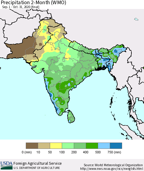 Southern Asia Precipitation 2-Month (WMO) Thematic Map For 9/1/2020 - 10/31/2020
