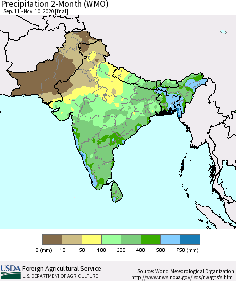 Southern Asia Precipitation 2-Month (WMO) Thematic Map For 9/11/2020 - 11/10/2020