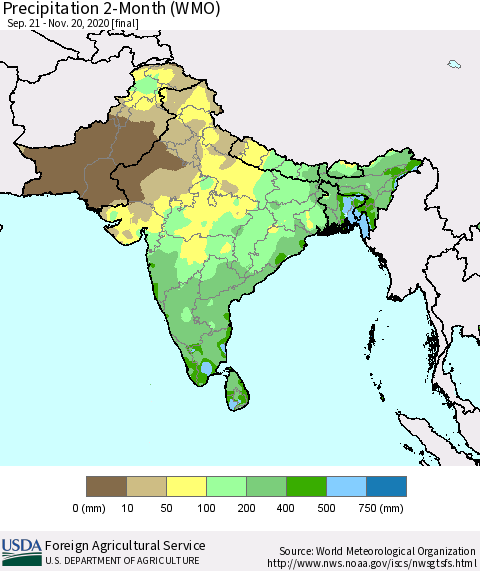 Southern Asia Precipitation 2-Month (WMO) Thematic Map For 9/21/2020 - 11/20/2020