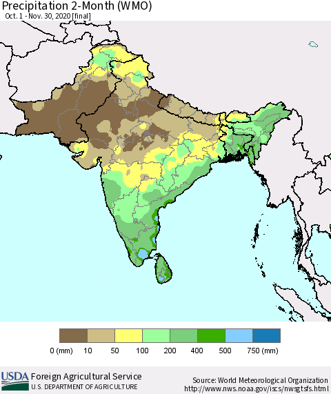 Southern Asia Precipitation 2-Month (WMO) Thematic Map For 10/1/2020 - 11/30/2020