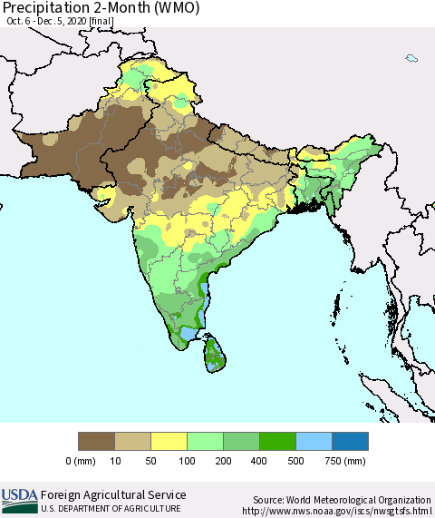 Southern Asia Precipitation 2-Month (WMO) Thematic Map For 10/6/2020 - 12/5/2020