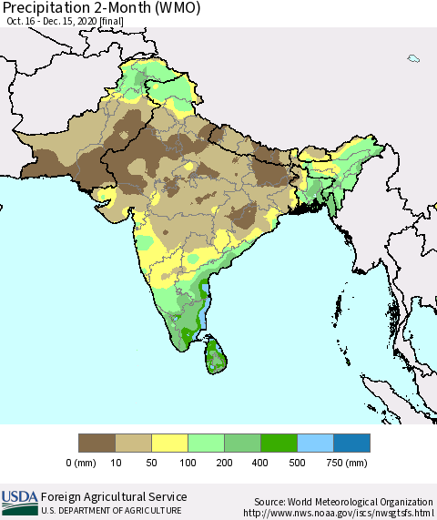 Southern Asia Precipitation 2-Month (WMO) Thematic Map For 10/16/2020 - 12/15/2020