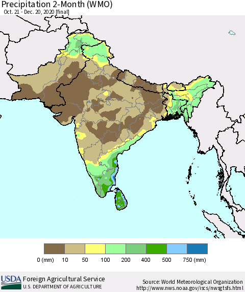 Southern Asia Precipitation 2-Month (WMO) Thematic Map For 10/21/2020 - 12/20/2020