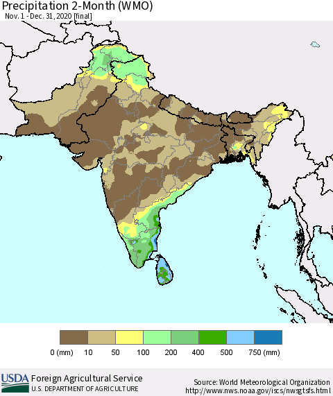 Southern Asia Precipitation 2-Month (WMO) Thematic Map For 11/1/2020 - 12/31/2020