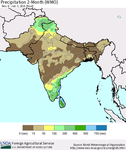 Southern Asia Precipitation 2-Month (WMO) Thematic Map For 11/6/2020 - 1/5/2021