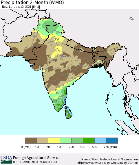 Southern Asia Precipitation 2-Month (WMO) Thematic Map For 11/11/2020 - 1/10/2021