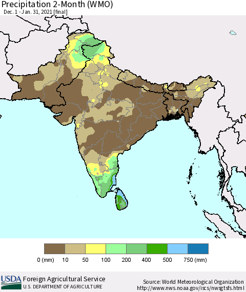 Southern Asia Precipitation 2-Month (WMO) Thematic Map For 12/1/2020 - 1/31/2021