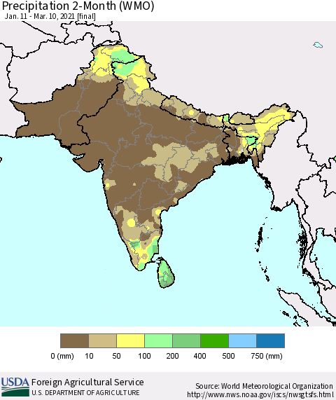 Southern Asia Precipitation 2-Month (WMO) Thematic Map For 1/11/2021 - 3/10/2021