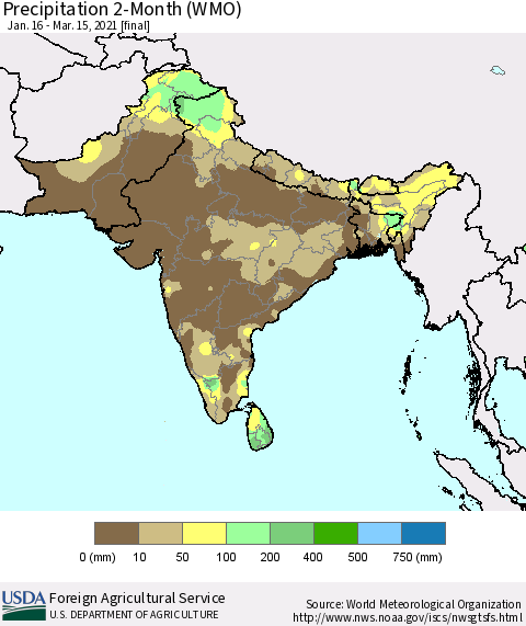 Southern Asia Precipitation 2-Month (WMO) Thematic Map For 1/16/2021 - 3/15/2021