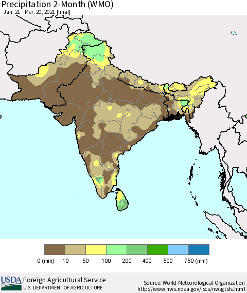 Southern Asia Precipitation 2-Month (WMO) Thematic Map For 1/21/2021 - 3/20/2021