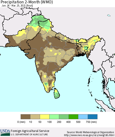 Southern Asia Precipitation 2-Month (WMO) Thematic Map For 1/26/2021 - 3/25/2021