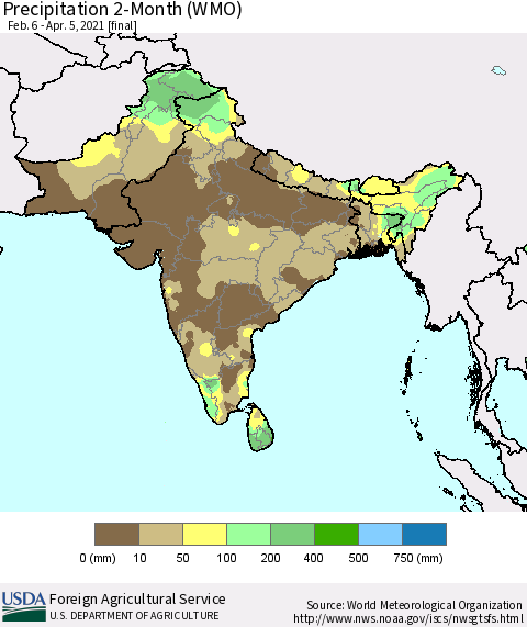 Southern Asia Precipitation 2-Month (WMO) Thematic Map For 2/6/2021 - 4/5/2021