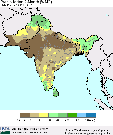 Southern Asia Precipitation 2-Month (WMO) Thematic Map For 2/16/2021 - 4/15/2021