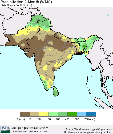Southern Asia Precipitation 2-Month (WMO) Thematic Map For 2/21/2021 - 4/20/2021