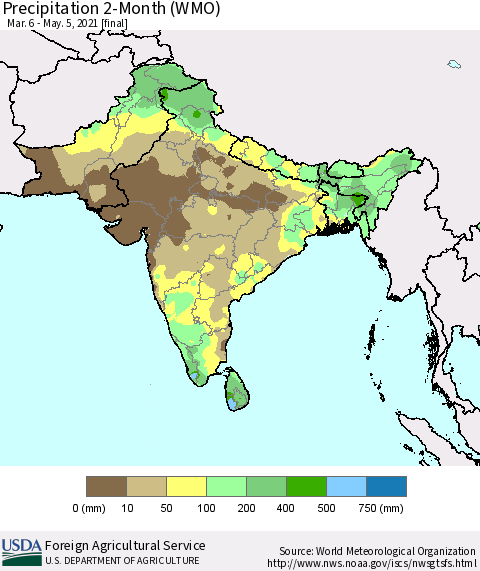 Southern Asia Precipitation 2-Month (WMO) Thematic Map For 3/6/2021 - 5/5/2021