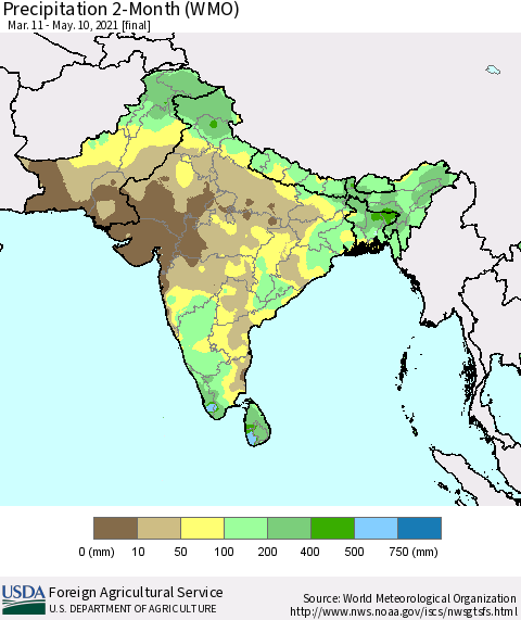 Southern Asia Precipitation 2-Month (WMO) Thematic Map For 3/11/2021 - 5/10/2021