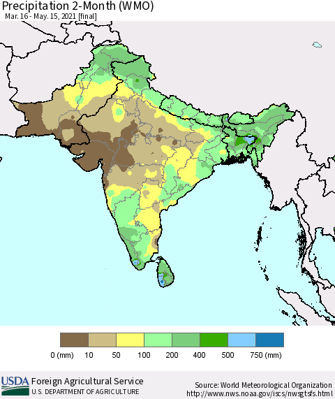 Southern Asia Precipitation 2-Month (WMO) Thematic Map For 3/16/2021 - 5/15/2021