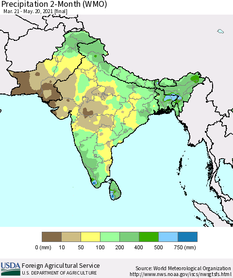 Southern Asia Precipitation 2-Month (WMO) Thematic Map For 3/21/2021 - 5/20/2021
