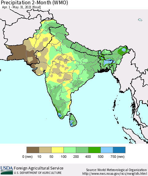 Southern Asia Precipitation 2-Month (WMO) Thematic Map For 4/1/2021 - 5/31/2021