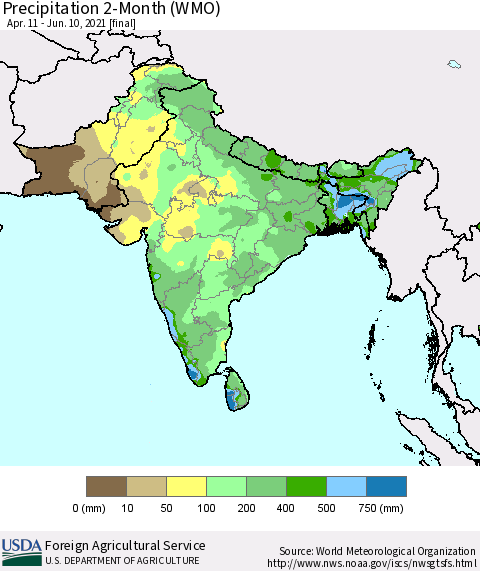 Southern Asia Precipitation 2-Month (WMO) Thematic Map For 4/11/2021 - 6/10/2021