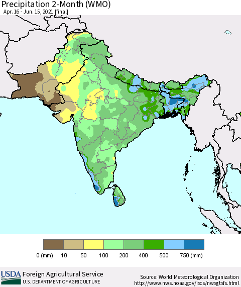 Southern Asia Precipitation 2-Month (WMO) Thematic Map For 4/16/2021 - 6/15/2021