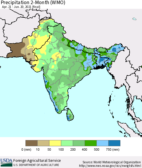 Southern Asia Precipitation 2-Month (WMO) Thematic Map For 4/21/2021 - 6/20/2021