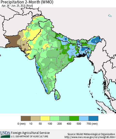 Southern Asia Precipitation 2-Month (WMO) Thematic Map For 4/26/2021 - 6/25/2021