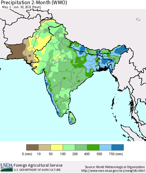 Southern Asia Precipitation 2-Month (WMO) Thematic Map For 5/1/2021 - 6/30/2021