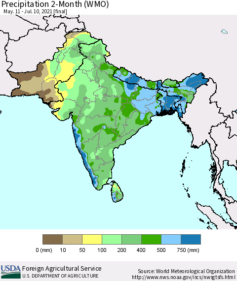 Southern Asia Precipitation 2-Month (WMO) Thematic Map For 5/11/2021 - 7/10/2021