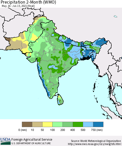 Southern Asia Precipitation 2-Month (WMO) Thematic Map For 5/16/2021 - 7/15/2021