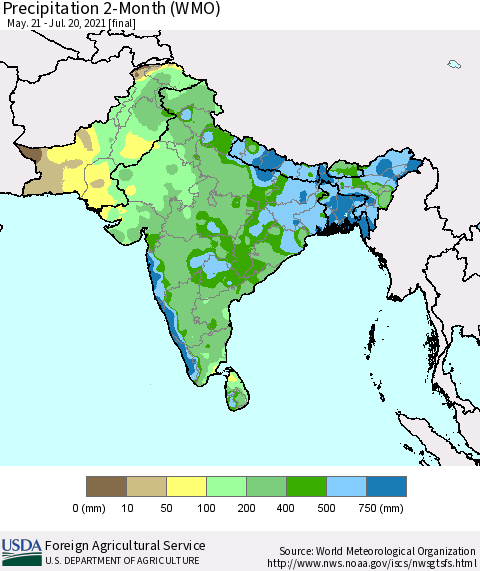 Southern Asia Precipitation 2-Month (WMO) Thematic Map For 5/21/2021 - 7/20/2021