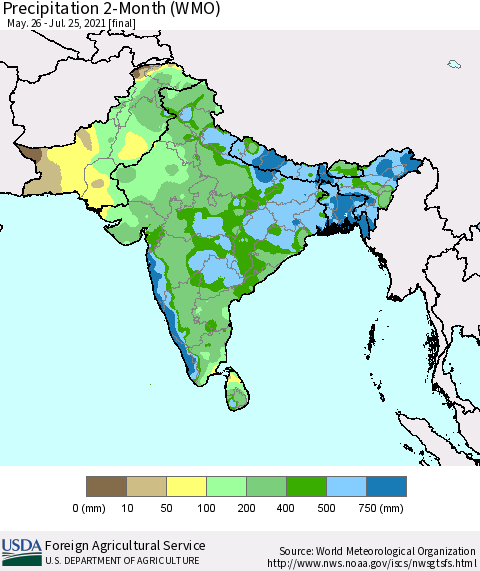 Southern Asia Precipitation 2-Month (WMO) Thematic Map For 5/26/2021 - 7/25/2021