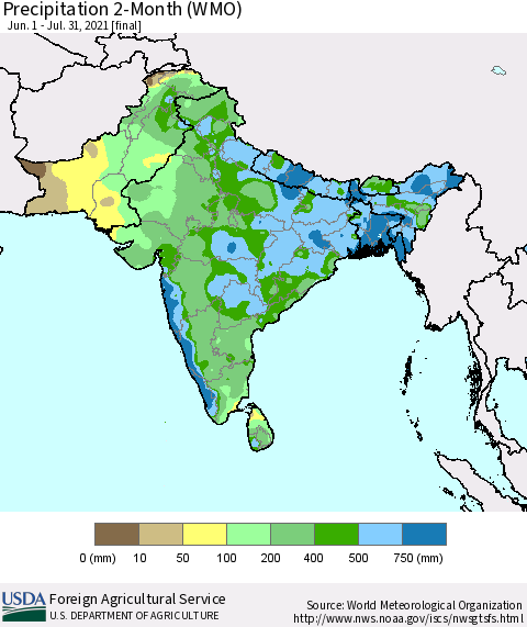 Southern Asia Precipitation 2-Month (WMO) Thematic Map For 6/1/2021 - 7/31/2021