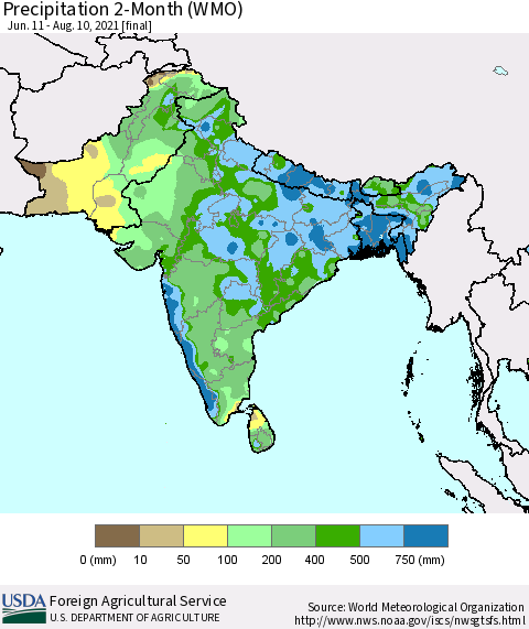 Southern Asia Precipitation 2-Month (WMO) Thematic Map For 6/11/2021 - 8/10/2021