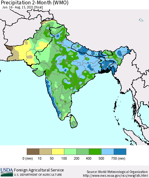 Southern Asia Precipitation 2-Month (WMO) Thematic Map For 6/16/2021 - 8/15/2021