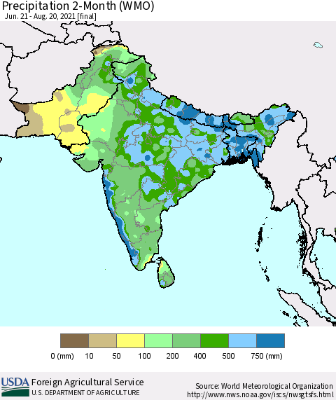Southern Asia Precipitation 2-Month (WMO) Thematic Map For 6/21/2021 - 8/20/2021