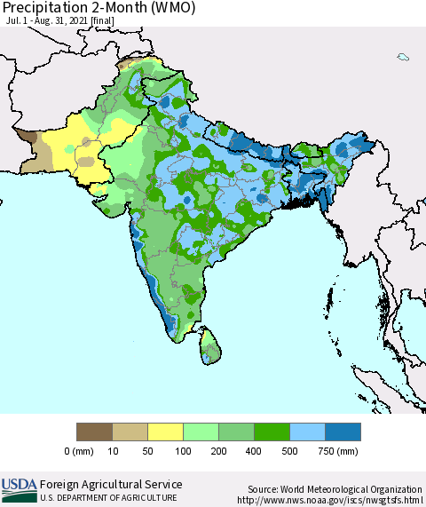 Southern Asia Precipitation 2-Month (WMO) Thematic Map For 7/1/2021 - 8/31/2021