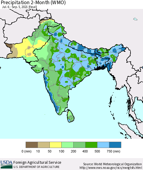 Southern Asia Precipitation 2-Month (WMO) Thematic Map For 7/6/2021 - 9/5/2021