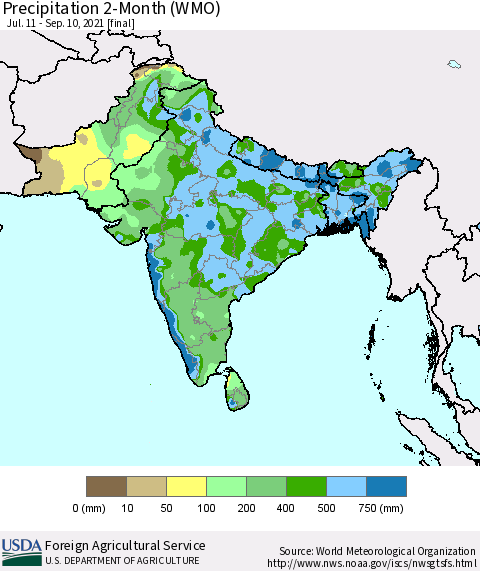 Southern Asia Precipitation 2-Month (WMO) Thematic Map For 7/11/2021 - 9/10/2021