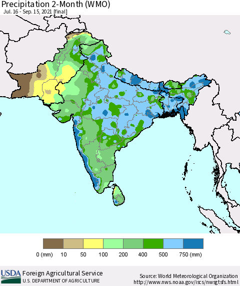 Southern Asia Precipitation 2-Month (WMO) Thematic Map For 7/16/2021 - 9/15/2021