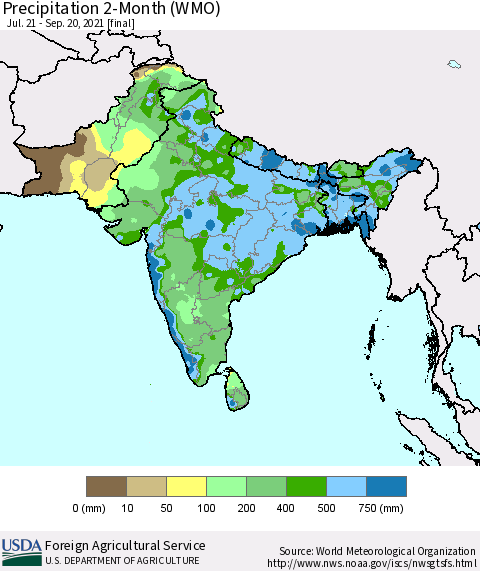 Southern Asia Precipitation 2-Month (WMO) Thematic Map For 7/21/2021 - 9/20/2021