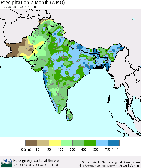 Southern Asia Precipitation 2-Month (WMO) Thematic Map For 7/26/2021 - 9/25/2021