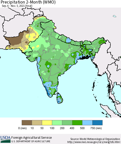 Southern Asia Precipitation 2-Month (WMO) Thematic Map For 9/6/2021 - 11/5/2021