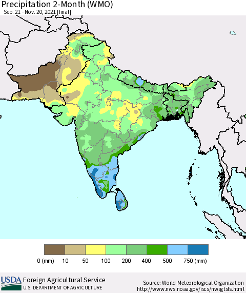 Southern Asia Precipitation 2-Month (WMO) Thematic Map For 9/21/2021 - 11/20/2021