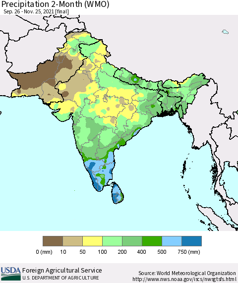 Southern Asia Precipitation 2-Month (WMO) Thematic Map For 9/26/2021 - 11/25/2021
