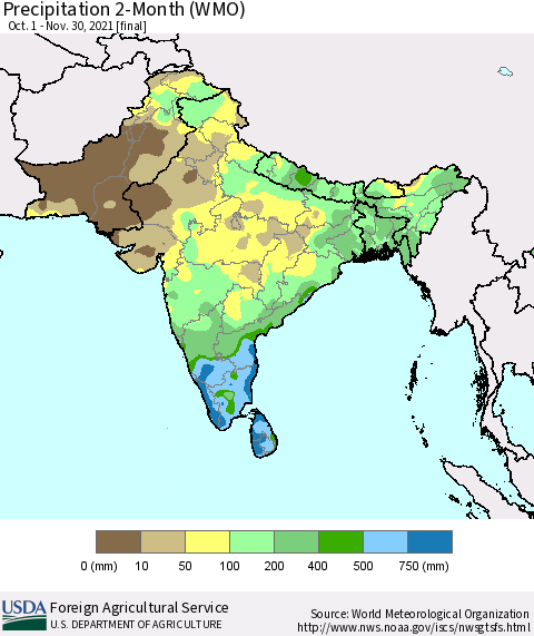 Southern Asia Precipitation 2-Month (WMO) Thematic Map For 10/1/2021 - 11/30/2021