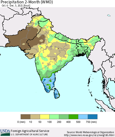 Southern Asia Precipitation 2-Month (WMO) Thematic Map For 10/6/2021 - 12/5/2021