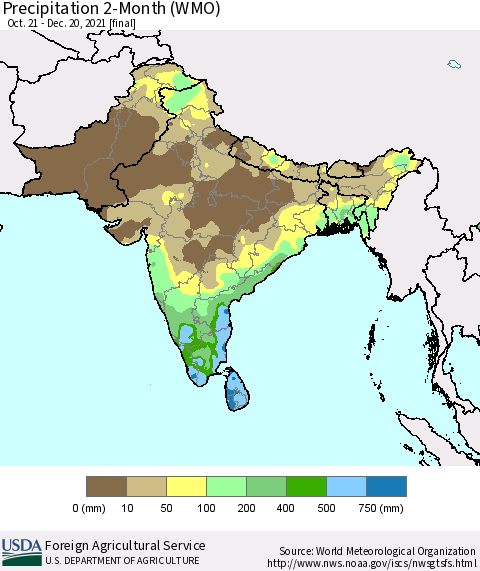 Southern Asia Precipitation 2-Month (WMO) Thematic Map For 10/21/2021 - 12/20/2021